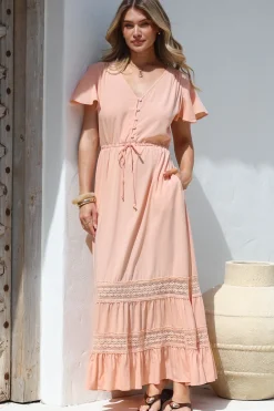 Narissa Maxi Dress - A-Line Dress with Lace Splicing and Flutter Sleeves in Blush><noscript><img width=