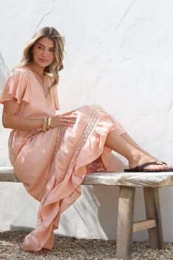 Narissa Maxi Dress - A-Line Dress with Lace Splicing and Flutter Sleeves in Blush><noscript><img width=