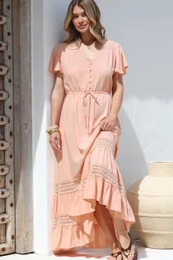 Narissa Maxi Dress - A-Line Dress with Lace Splicing and Flutter Sleeves in Blush><noscript><img width=