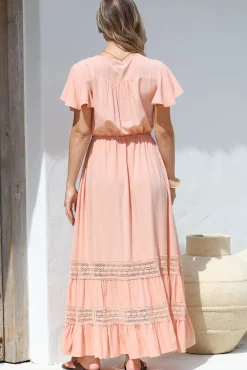 Narissa Maxi Dress - A-Line Dress with Lace Splicing and Flutter Sleeves in Blush><noscript><img width=
