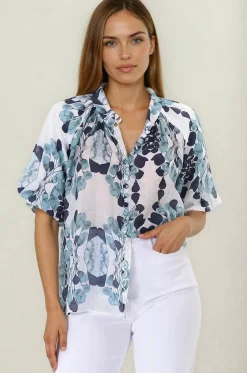 Natalia Blouse - Button Down Mandarin Collar Shirt in Calea Blue Print><noscript><img width=
