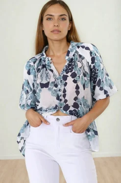 Natalia Blouse - Button Down Mandarin Collar Shirt in Calea Blue Print><noscript><img width=