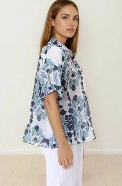 Natalia Blouse - Button Down Mandarin Collar Shirt in Calea Blue Print><noscript><img width=