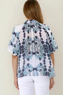 Natalia Blouse - Button Down Mandarin Collar Shirt in Calea Blue Print><noscript><img width=