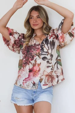 Nayra Blouse - Mandarin Collar Buttoned Down with Puff Sleeves in Leonor Print>Salty Crush Clearance