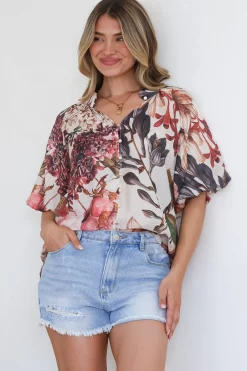 Nayra Blouse - Mandarin Collar Buttoned Down with Puff Sleeves in Leonor Print><noscript><img width=