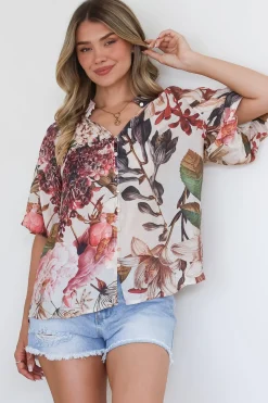 Nayra Blouse - Mandarin Collar Buttoned Down with Puff Sleeves in Leonor Print><noscript><img width=