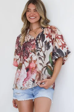 Nayra Blouse - Mandarin Collar Buttoned Down with Puff Sleeves in Leonor Print><noscript><img width=