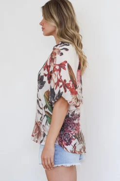 Nayra Blouse - Mandarin Collar Buttoned Down with Puff Sleeves in Leonor Print><noscript><img width=