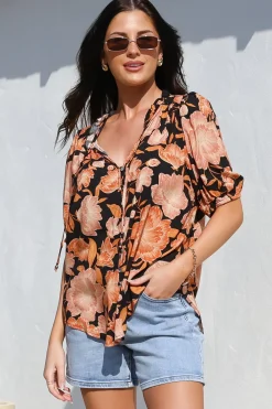 Neo Blouse - High Frill Collar Button Down Shirt in Yasmin Print Black><noscript><img width=