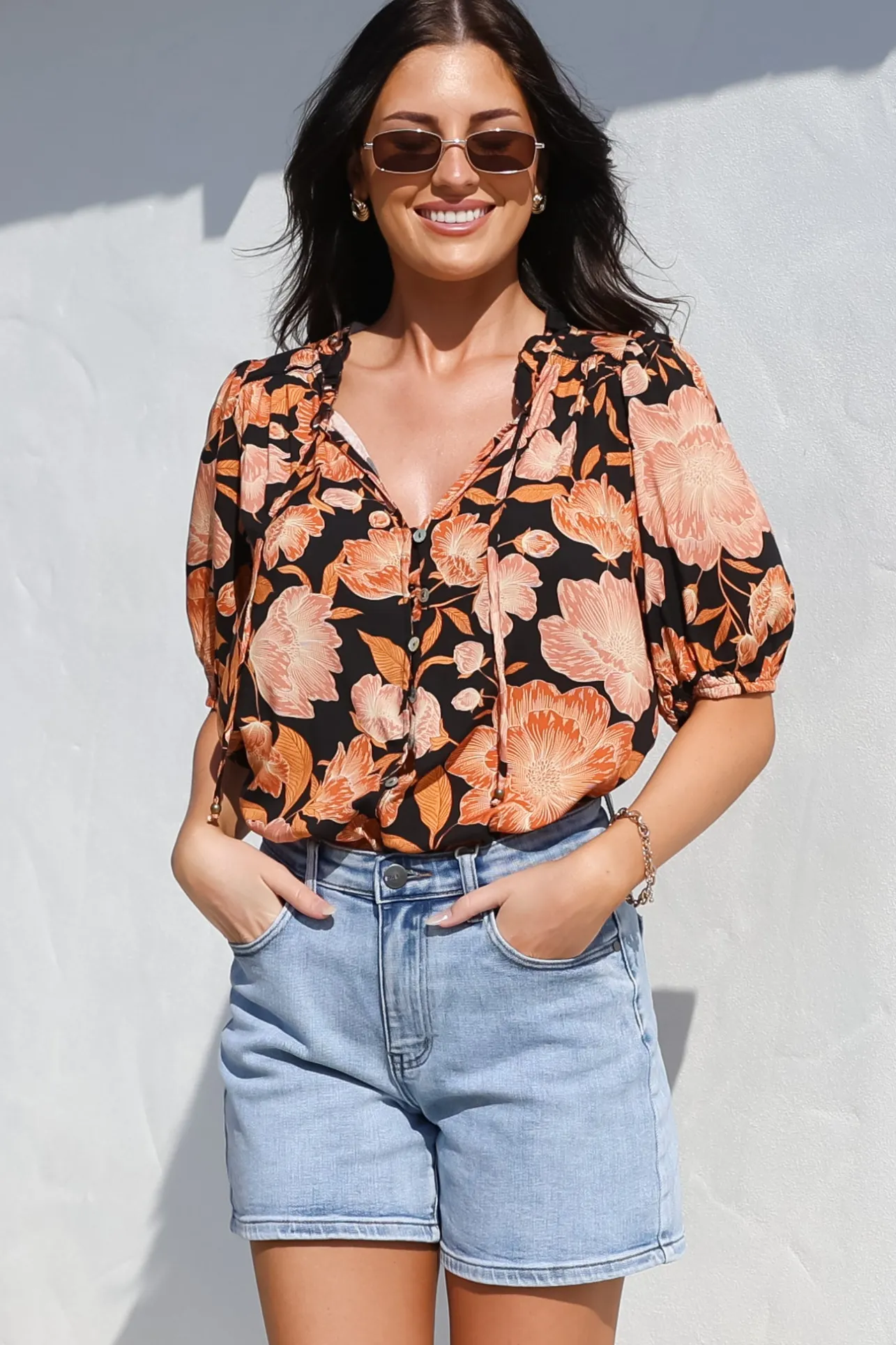 Neo Blouse - High Frill Collar Button Down Shirt in Yasmin Print Black>Salty Crush