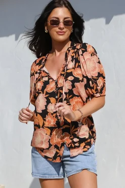 Neo Blouse - High Frill Collar Button Down Shirt in Yasmin Print Black><noscript><img width=