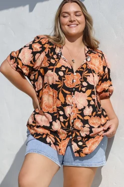 Neo Blouse - High Frill Collar Button Down Shirt in Yasmin Print Black><noscript><img width=