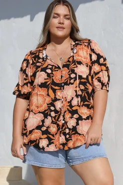Neo Blouse - High Frill Collar Button Down Shirt in Yasmin Print Black><noscript><img width=