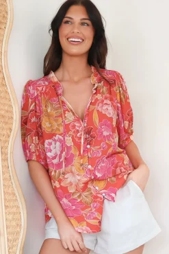 Neo Blouse - High Frill Collar Button Down Shirt in Mirella Print><noscript><img width=