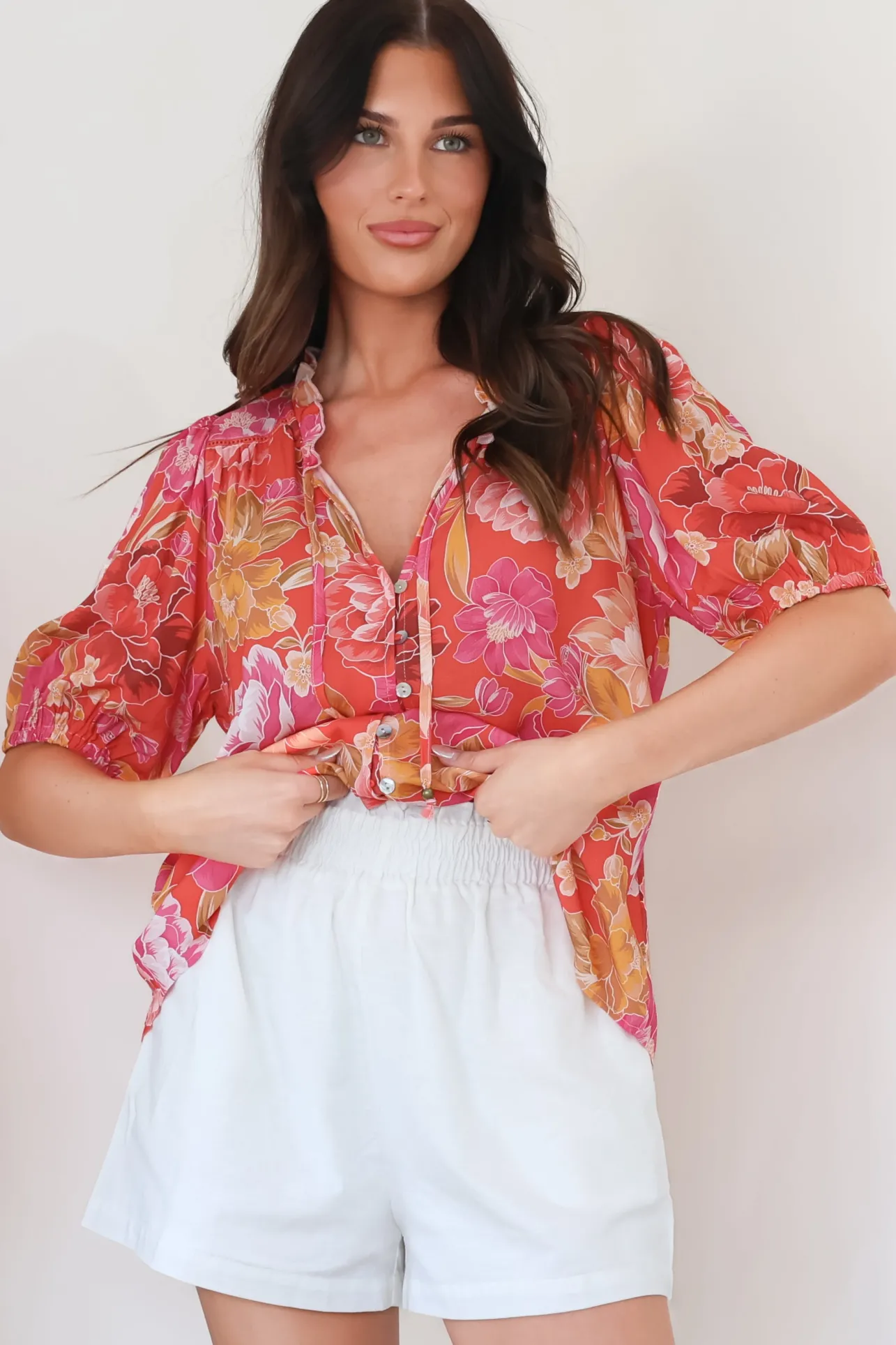 Neo Blouse - High Frill Collar Button Down Shirt in Mirella Print>Salty Crush Hot