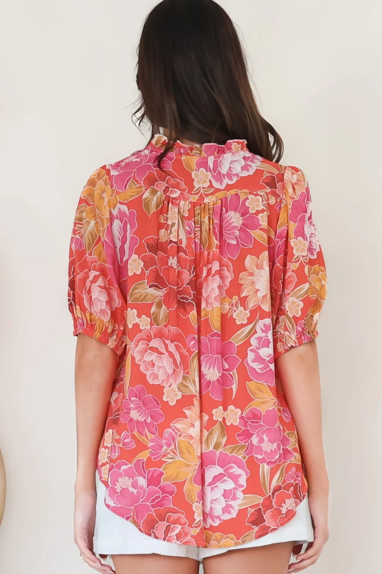 Neo Blouse - High Frill Collar Button Down Shirt in Mirella Print>Salty Crush Hot