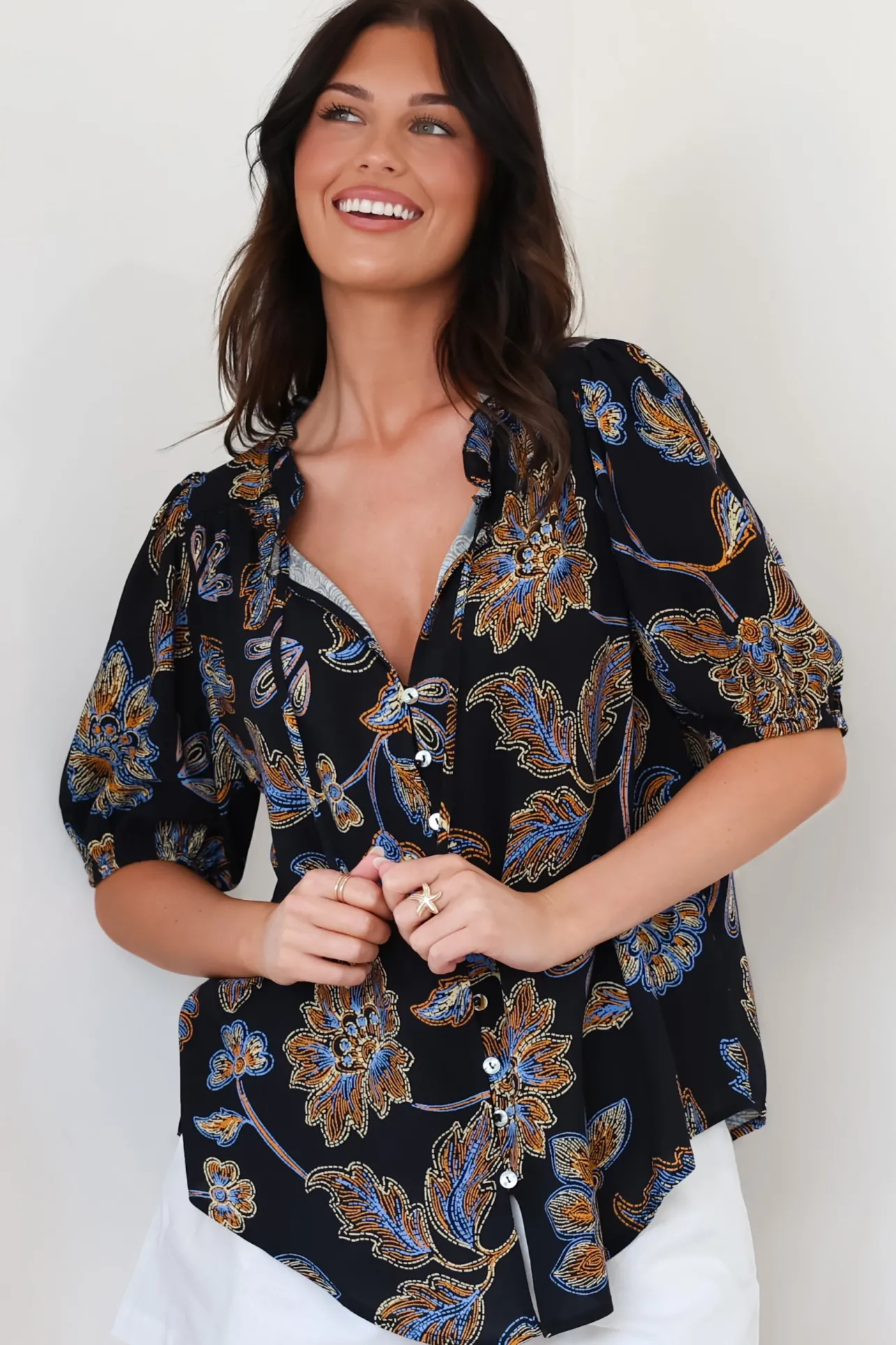 Neo Blouse - High Frill Collar Button Down Shirt in Enchanted Ink Print>Salty Crush New