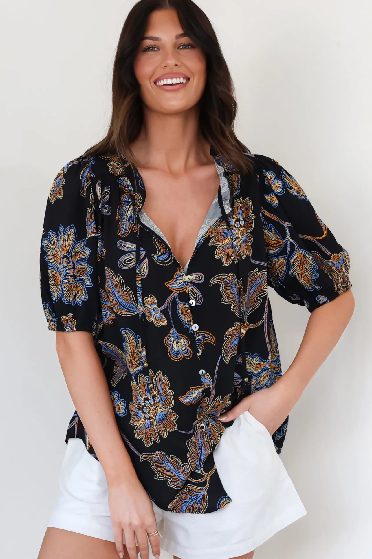 Neo Blouse - High Frill Collar Button Down Shirt in Enchanted Ink Print>Salty Crush New