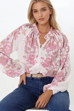 Nicola Blouse - Mandarin Collar Button Down Linen Blouse in Sorrel Print>Salty Crush Sale