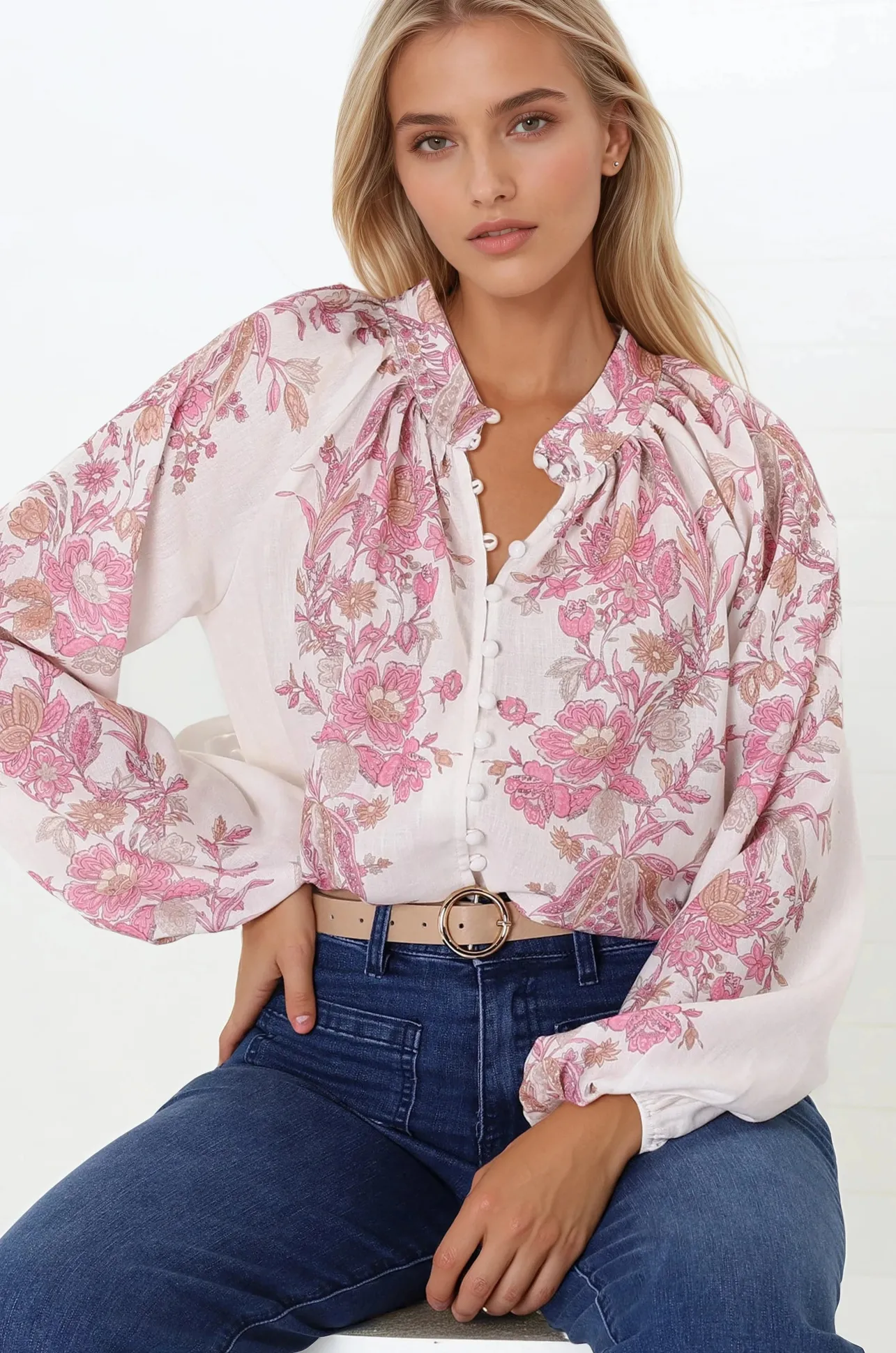 Nicola Blouse - Mandarin Collar Button Down Linen Blouse in Sorrel Print>Salty Crush Sale