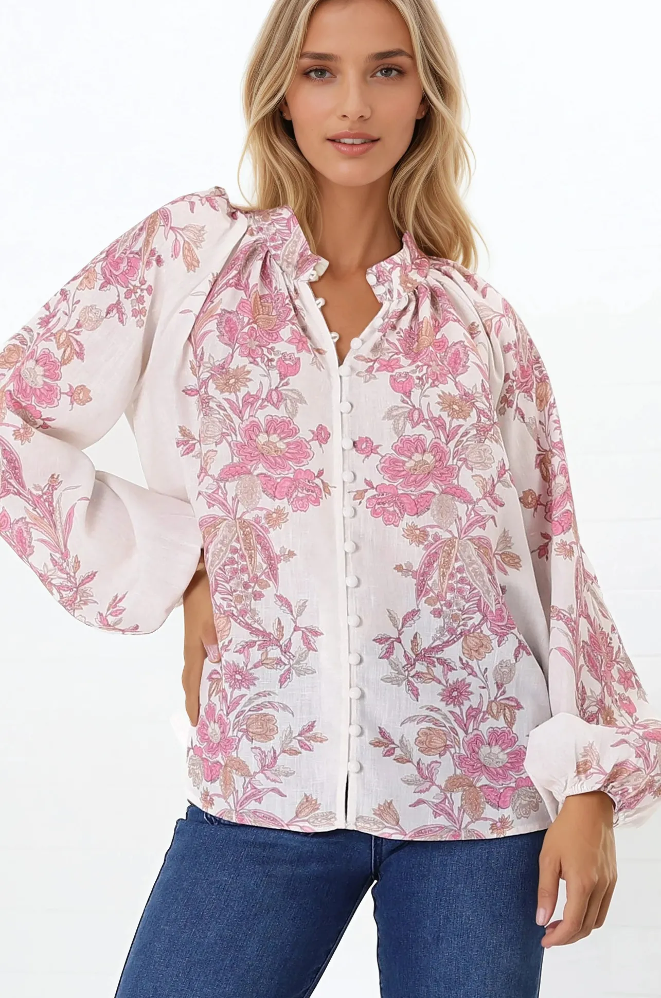 Nicola Blouse - Mandarin Collar Button Down Linen Blouse in Sorrel Print>Salty Crush Sale