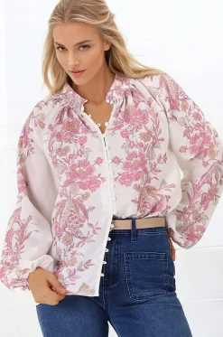 Nicola Blouse - Mandarin Collar Button Down Linen Blouse in Sorrel Print><noscript><img width=