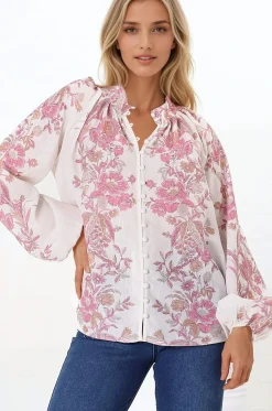 Nicola Blouse - Mandarin Collar Button Down Linen Blouse in Sorrel Print><noscript><img width=