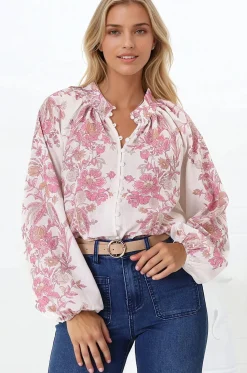 Nicola Blouse - Mandarin Collar Button Down Linen Blouse in Sorrel Print><noscript><img width=