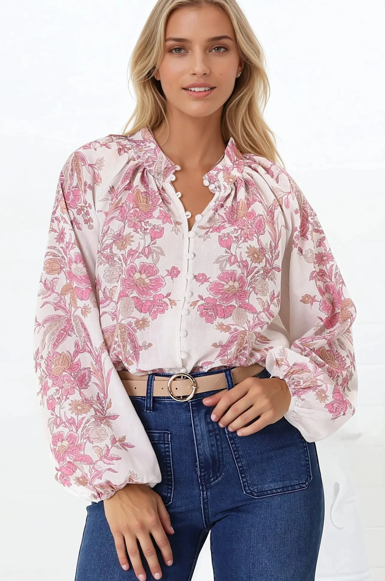 Nicola Blouse - Mandarin Collar Button Down Linen Blouse in Sorrel Print>Salty Crush Sale