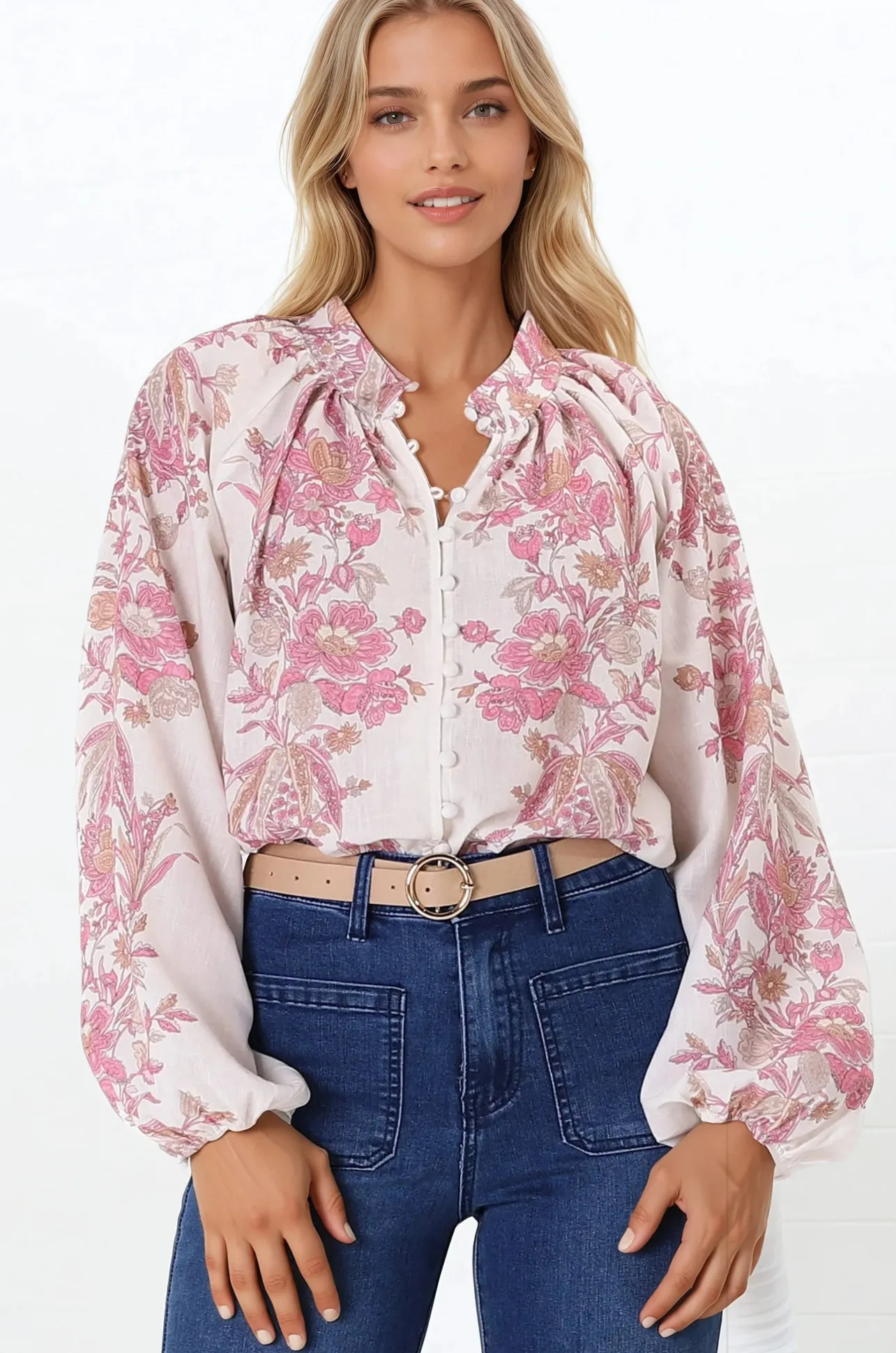 Nicola Blouse - Mandarin Collar Button Down Linen Blouse in Sorrel Print>Salty Crush Sale