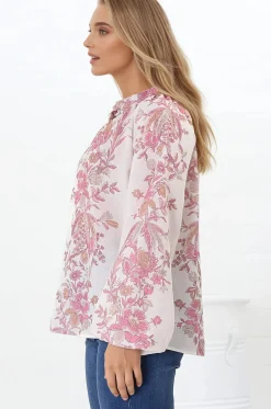 Nicola Blouse - Mandarin Collar Button Down Linen Blouse in Sorrel Print><noscript><img width=