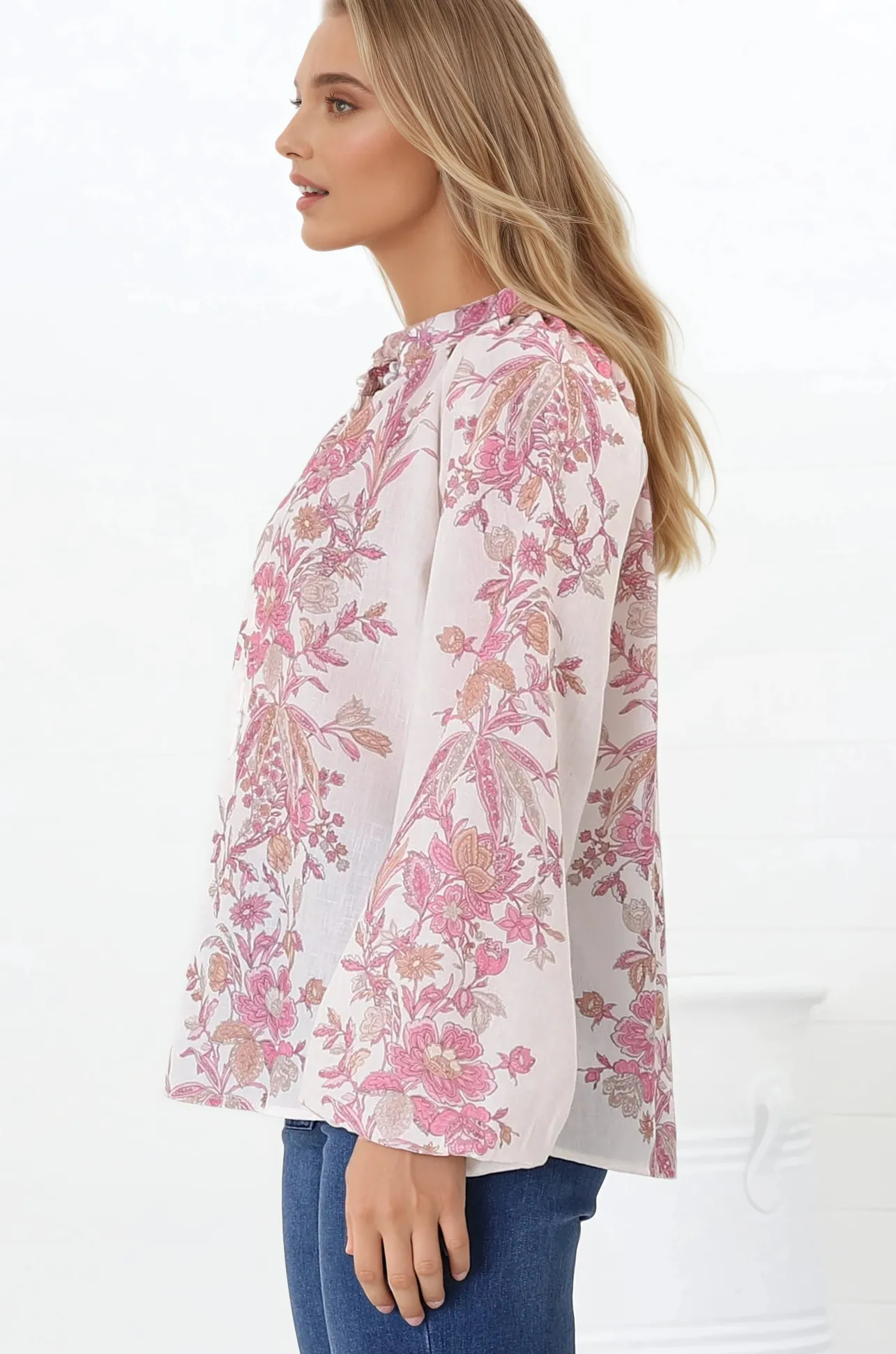 Nicola Blouse - Mandarin Collar Button Down Linen Blouse in Sorrel Print>Salty Crush Sale