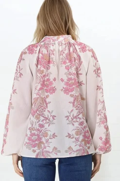 Nicola Blouse - Mandarin Collar Button Down Linen Blouse in Sorrel Print><noscript><img width=