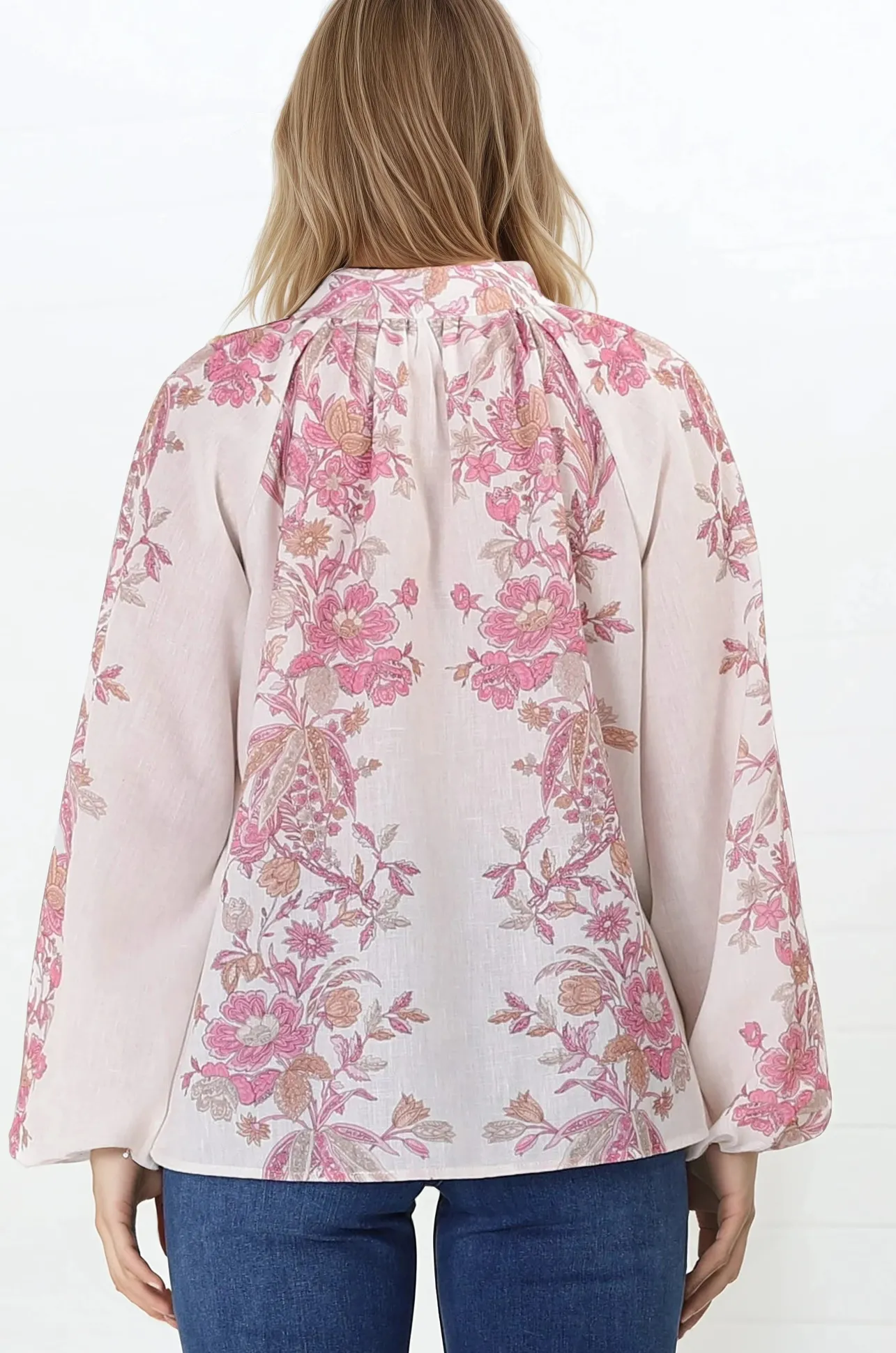 Nicola Blouse - Mandarin Collar Button Down Linen Blouse in Sorrel Print>Salty Crush Sale