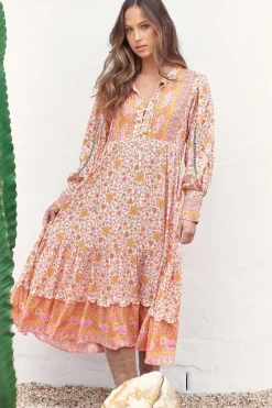 Nirvana Midi Dress - Mandarin Collar with Buttoned Bodice in Amor Print>Jaase Online