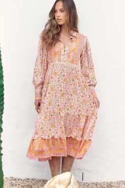 Nirvana Midi Dress - Mandarin Collar with Buttoned Bodice in Amor Print><noscript><img width=