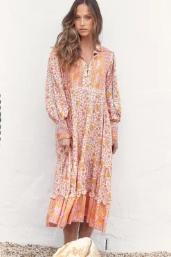 Nirvana Midi Dress - Mandarin Collar with Buttoned Bodice in Amor Print><noscript><img width=
