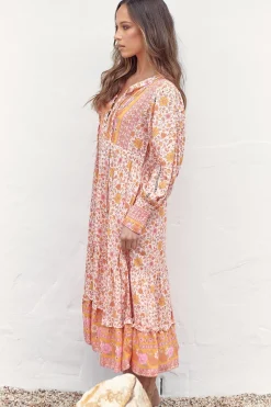 Nirvana Midi Dress - Mandarin Collar with Buttoned Bodice in Amor Print><noscript><img width=
