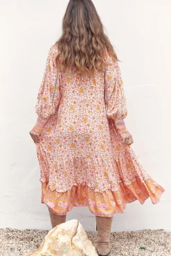 Nirvana Midi Dress - Mandarin Collar with Buttoned Bodice in Amor Print><noscript><img width=