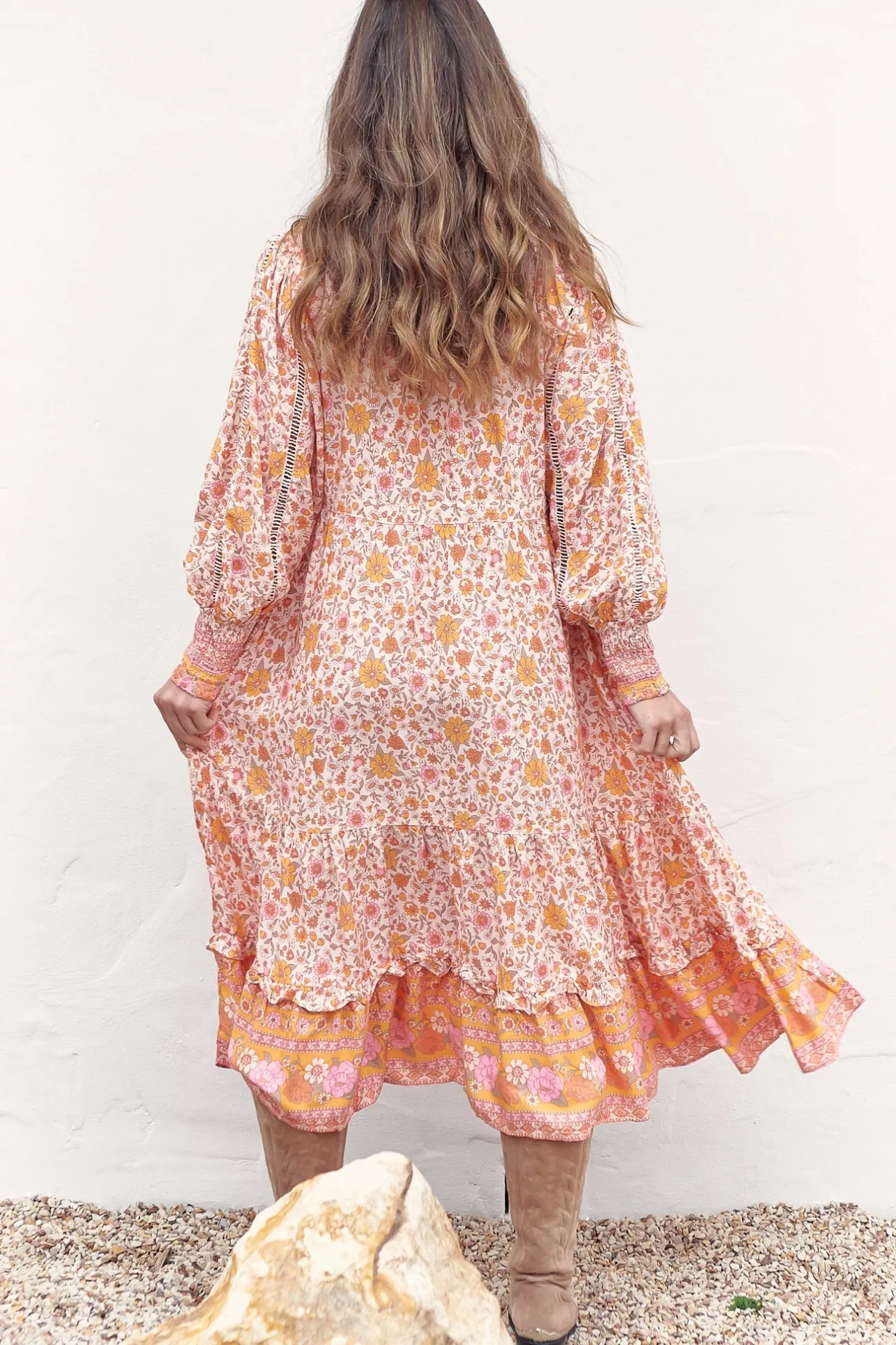 Nirvana Midi Dress - Mandarin Collar with Buttoned Bodice in Amor Print>Jaase Online