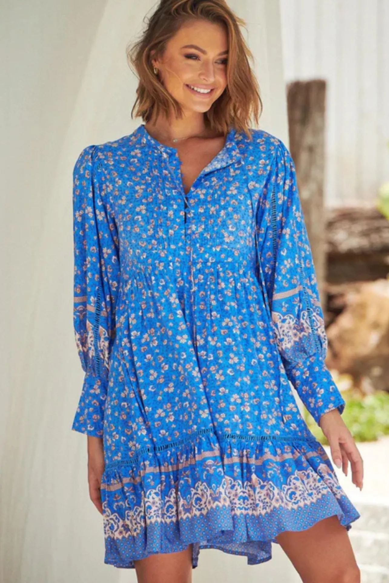 Nirvana Mini Dress - Mandarin Collar with Buttoned Bodice in Turkish Sea Print>Jaase Online