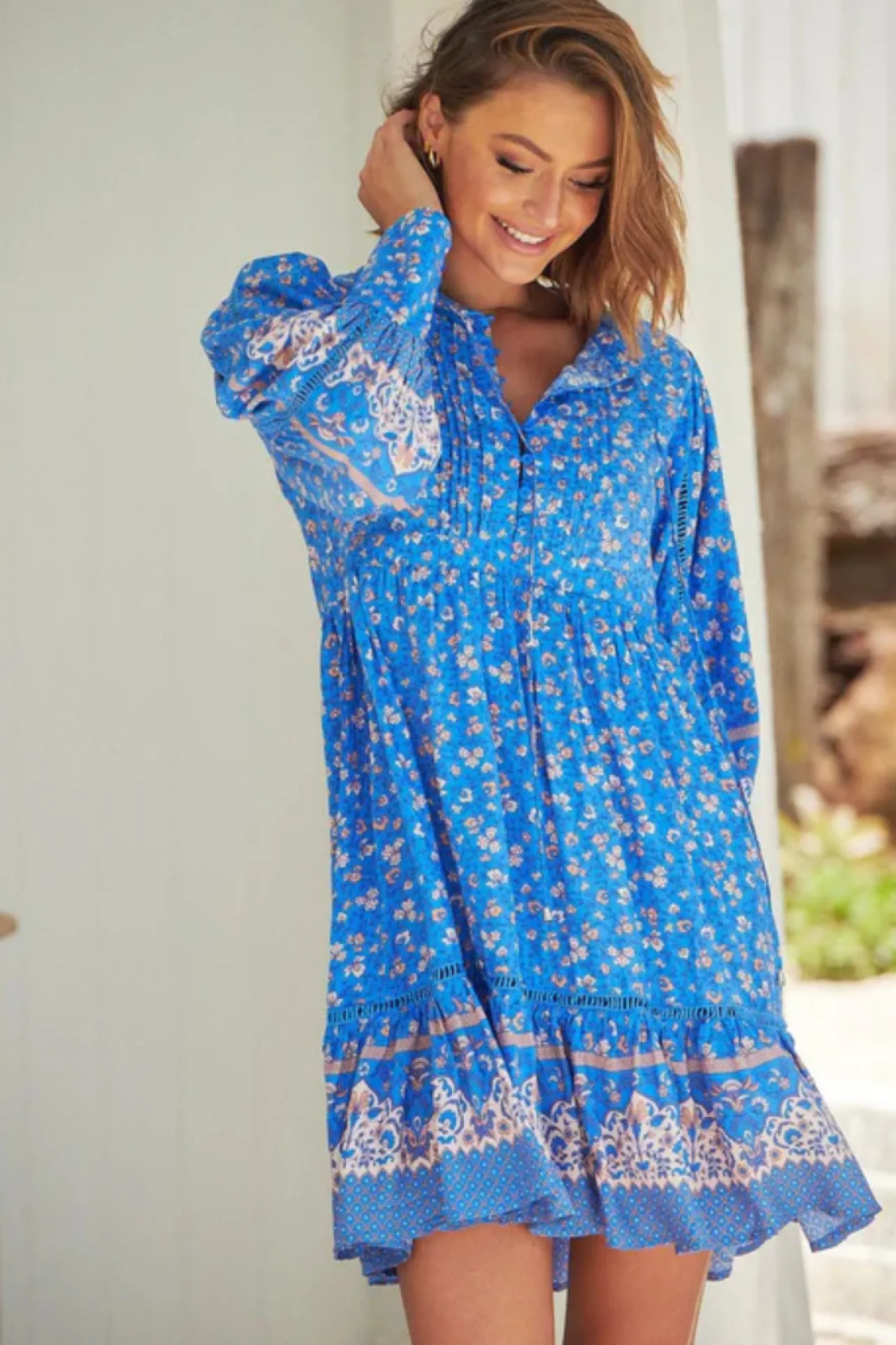 Nirvana Mini Dress - Mandarin Collar with Buttoned Bodice in Turkish Sea Print>Jaase Online