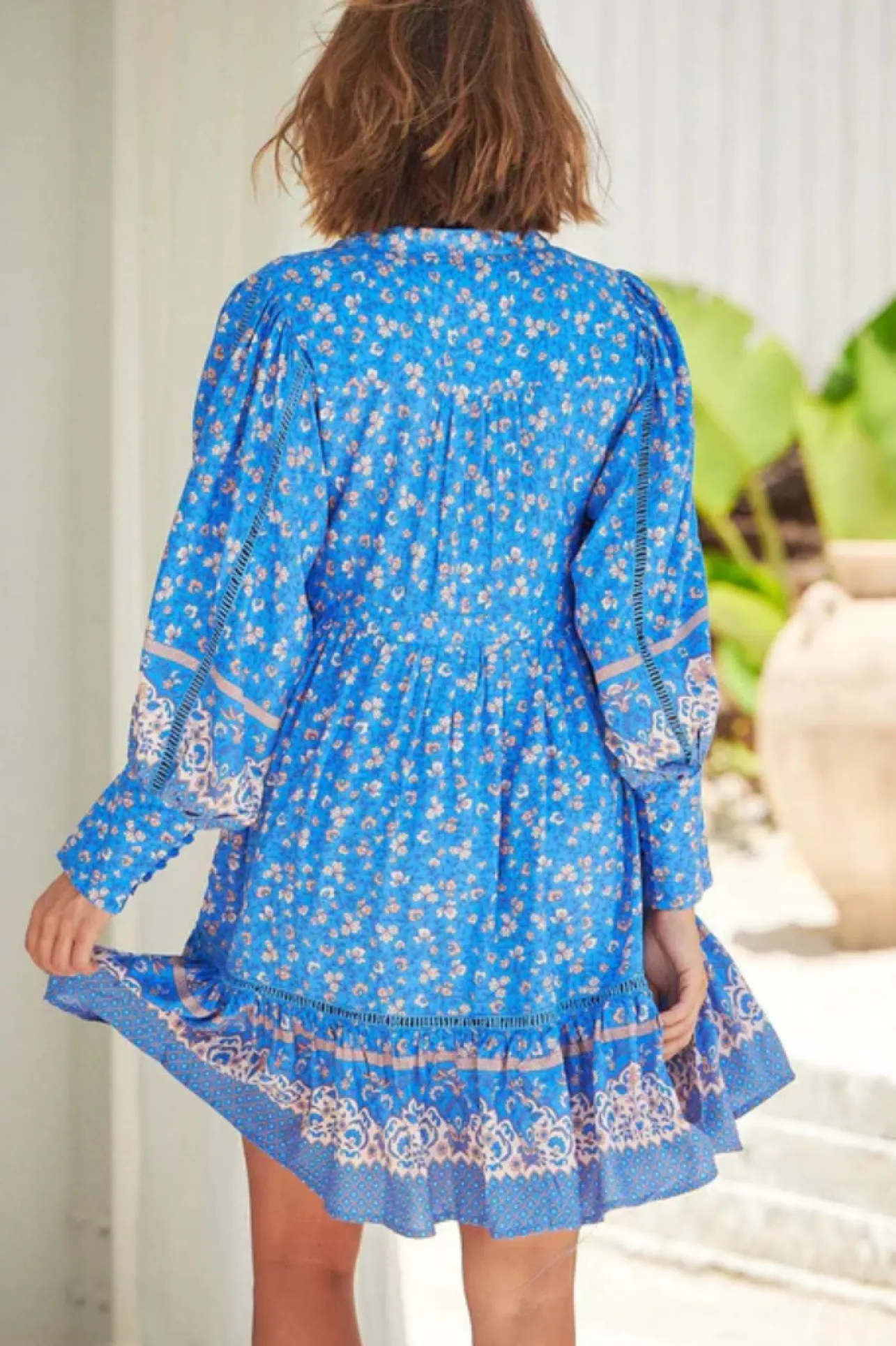 Nirvana Mini Dress - Mandarin Collar with Buttoned Bodice in Turkish Sea Print>Jaase Online