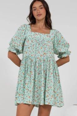 Nola Mini Dress - Square Neckline Babydoll Dress in Minty Print>Salty Crush Sale
