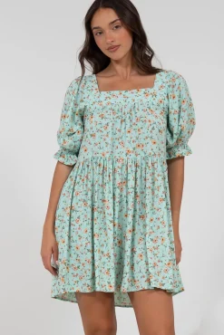 Nola Mini Dress - Square Neckline Babydoll Dress in Minty Print><noscript><img width=