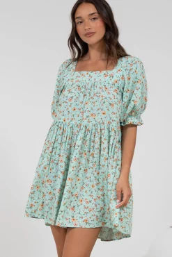 Nola Mini Dress - Square Neckline Babydoll Dress in Minty Print><noscript><img width=