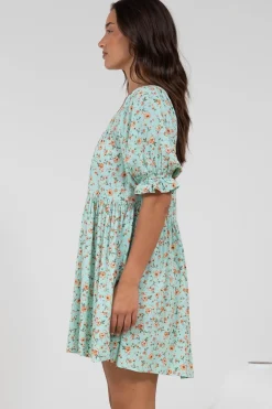 Nola Mini Dress - Square Neckline Babydoll Dress in Minty Print><noscript><img width=