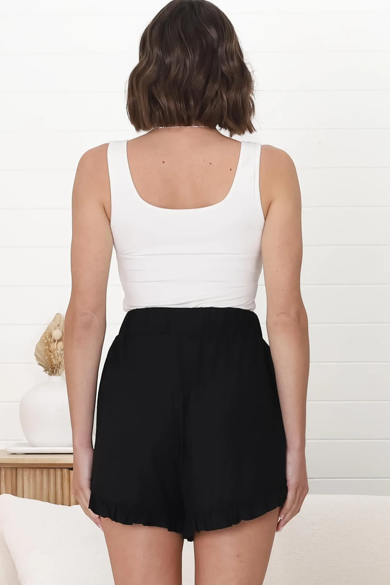 Nolan Shorts - High Waist Frill Hemline Shorts with Pockets in Black>Salty Crush Sale