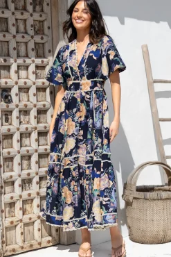 Nolette Maxi Dress - Lace Trim Button Down Dress with Flutter Sleeves in Ana Print Navy>Salty Crush Clearance